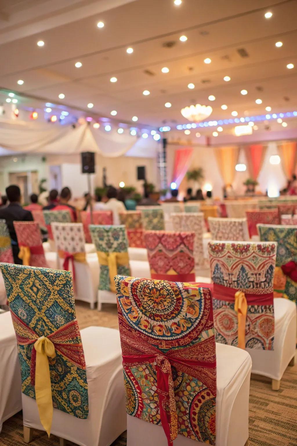 Graphic covers inject a playful element into wedding decor.