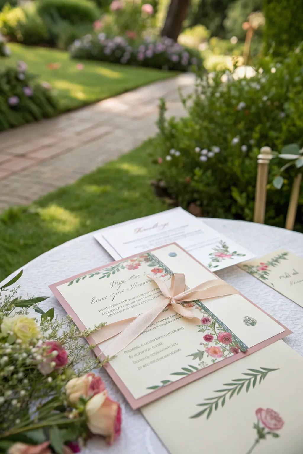 Floral accents complementing ribbon on a wedding invitation.