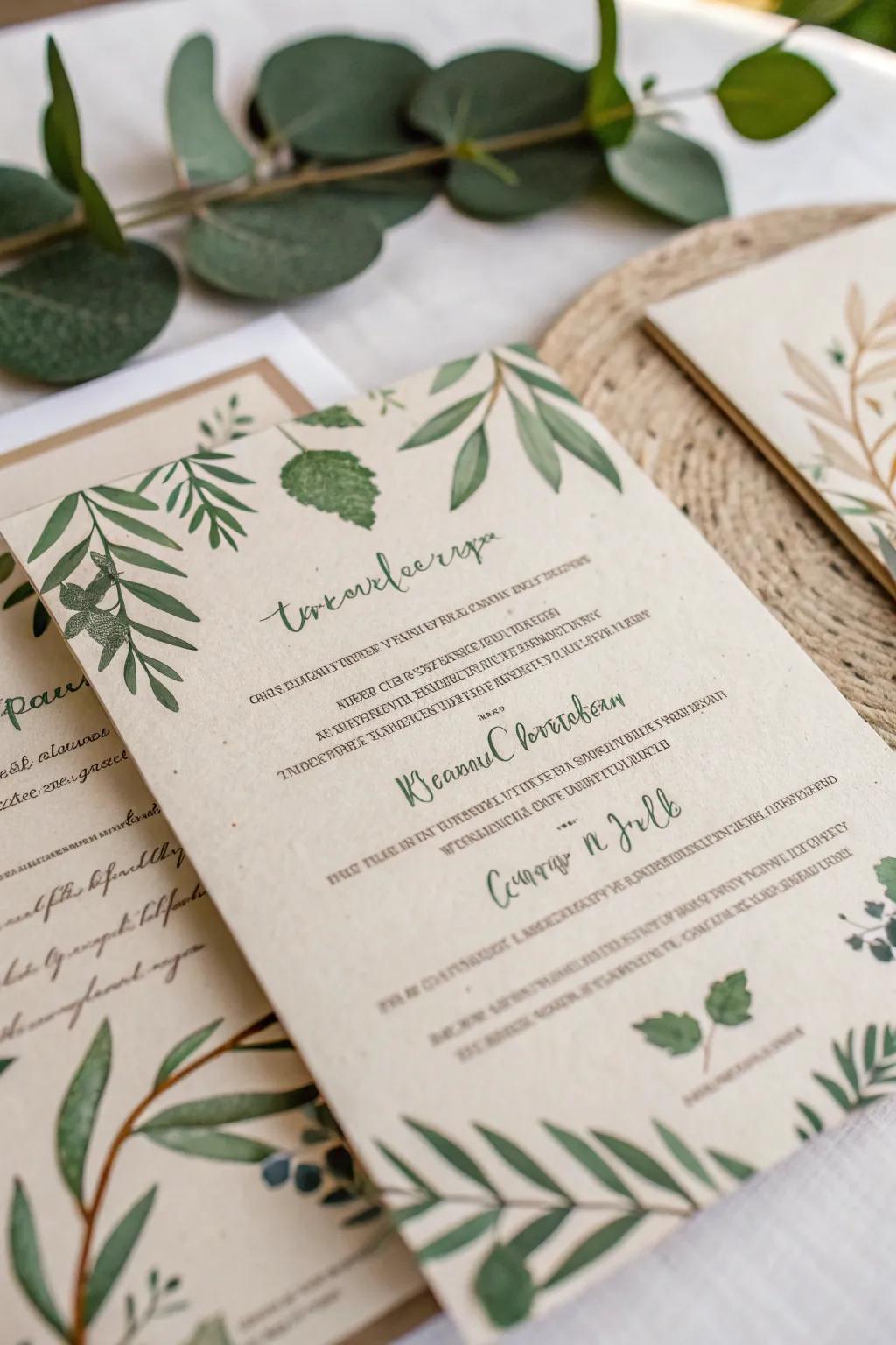 Eco-friendly wedding invitation crafted from sustainable materials.