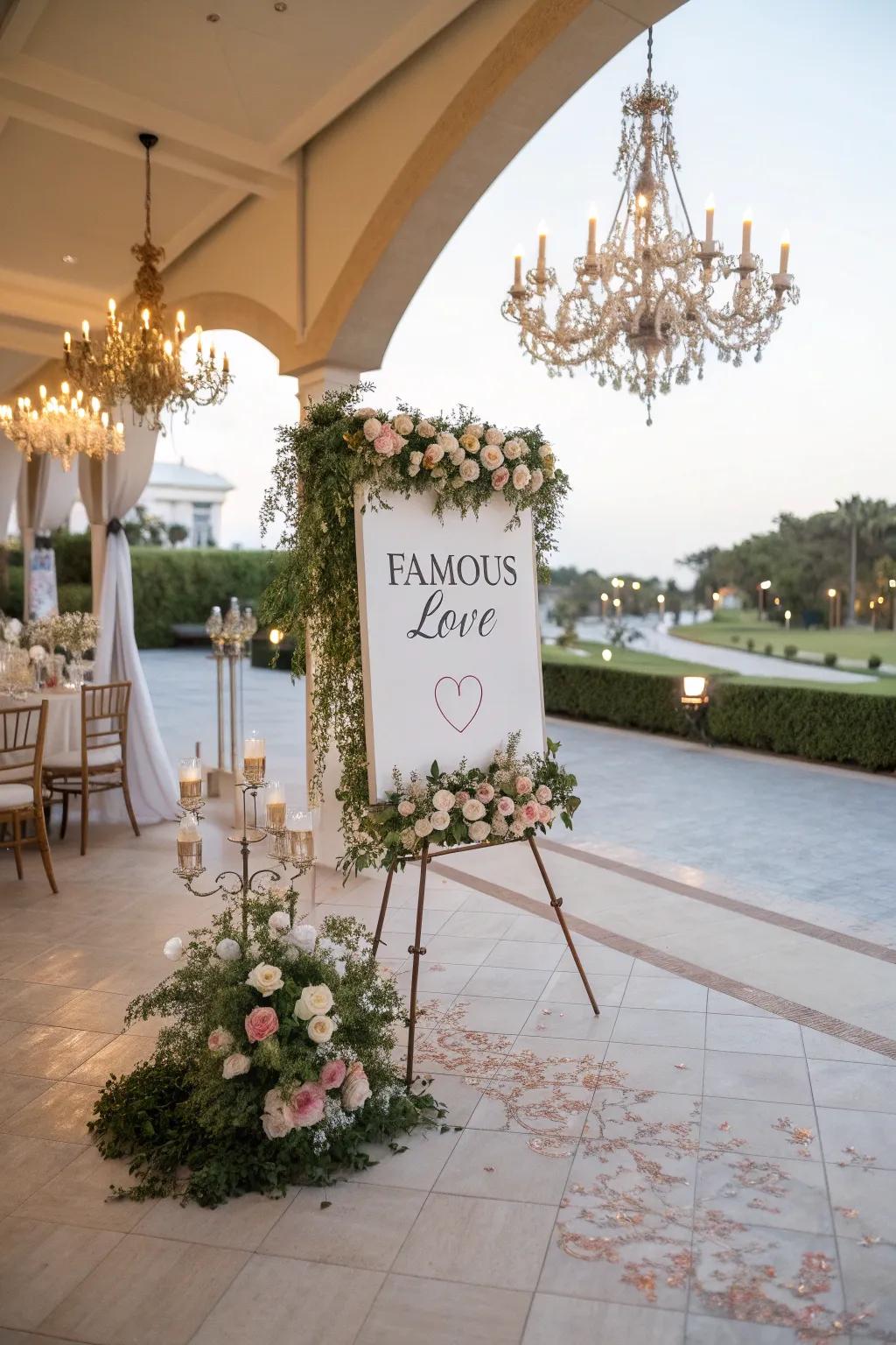 Famous love quotations contribute elegance to wedding decor.