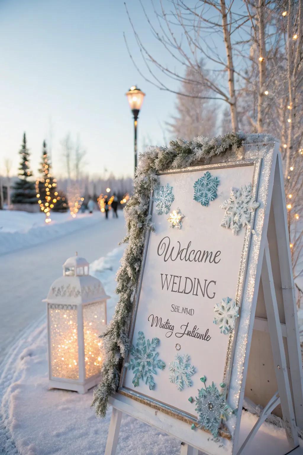 A theme-centered greeting board with snowflakes and glitter touches, ideal for a winter wedding.