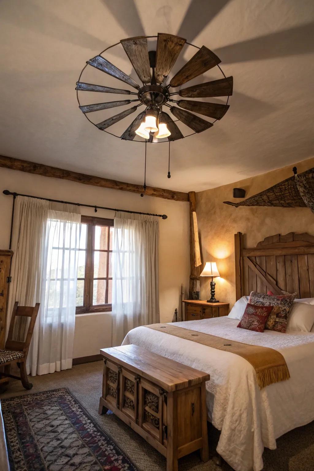 A windmill ceiling fan imparts a unique countryside charm.