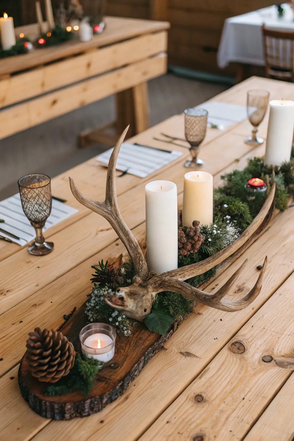 Antlers furnish an elegant and pastoral charm onto any table arrangement.