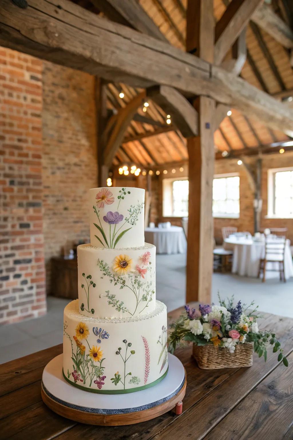 Cake with intricate custom art wildflowers.