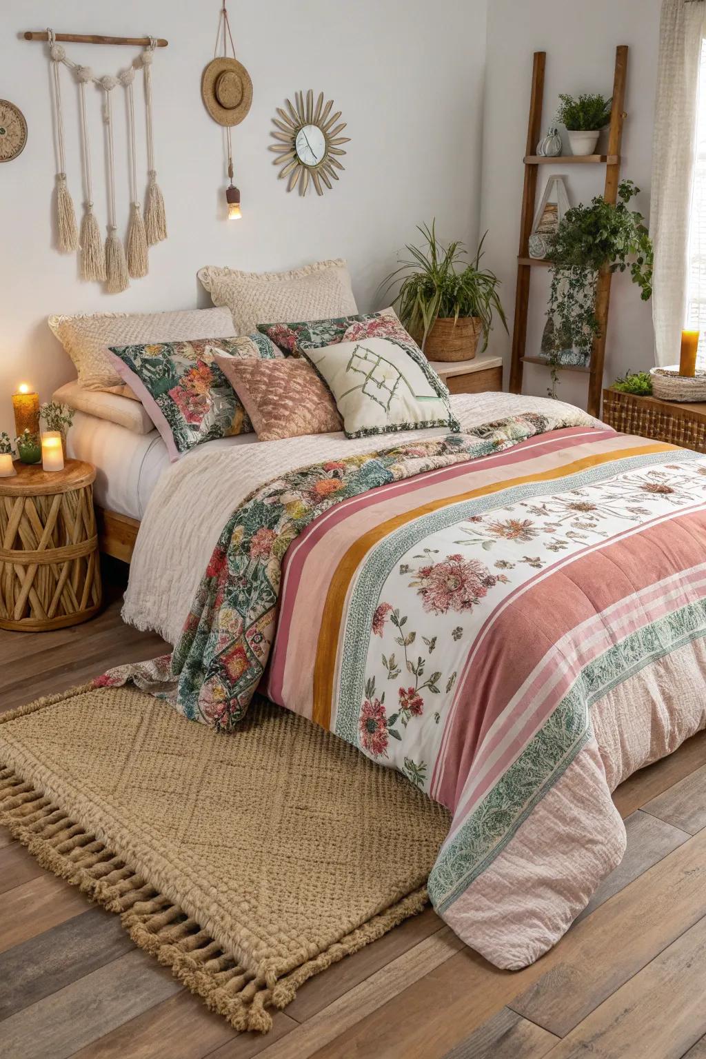 A boho bedroom featuring meticulously layered bedding.