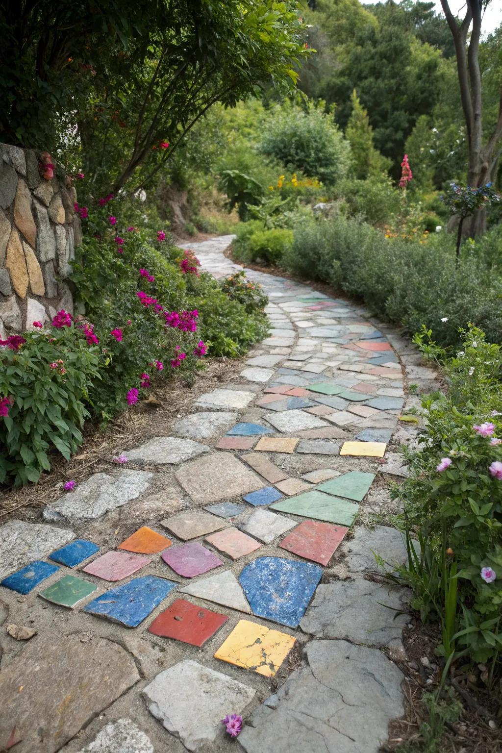 Tile pieces introduce an unexpected splash of color between stones.