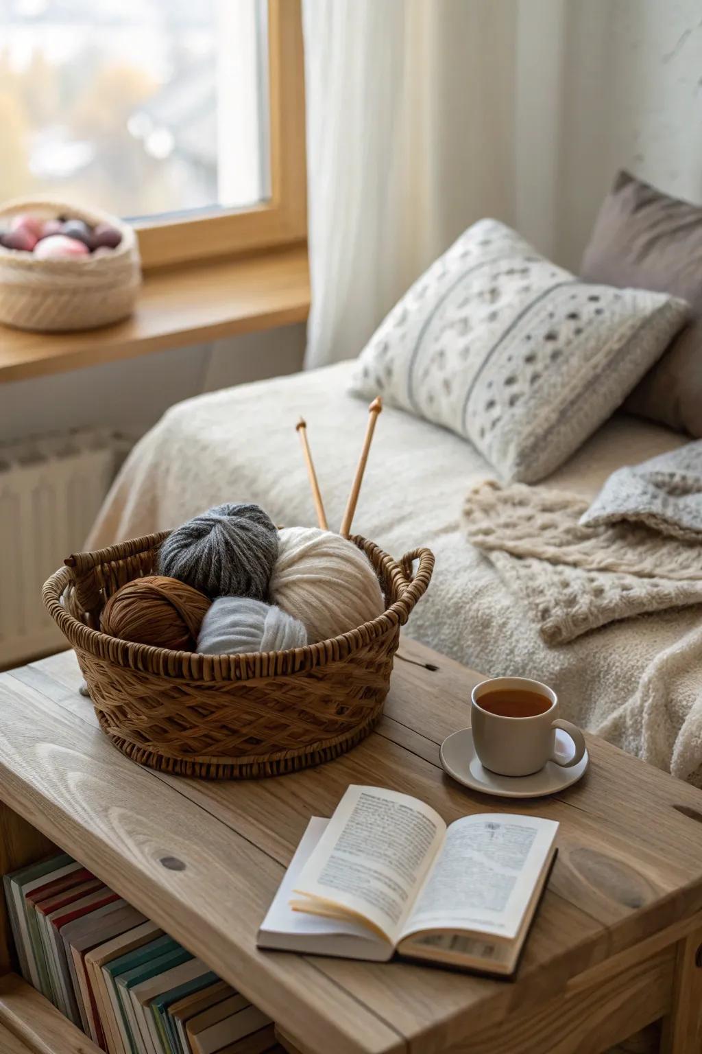 A dedicated basket for craft supplies ensures every tool is within reach and well-organized.