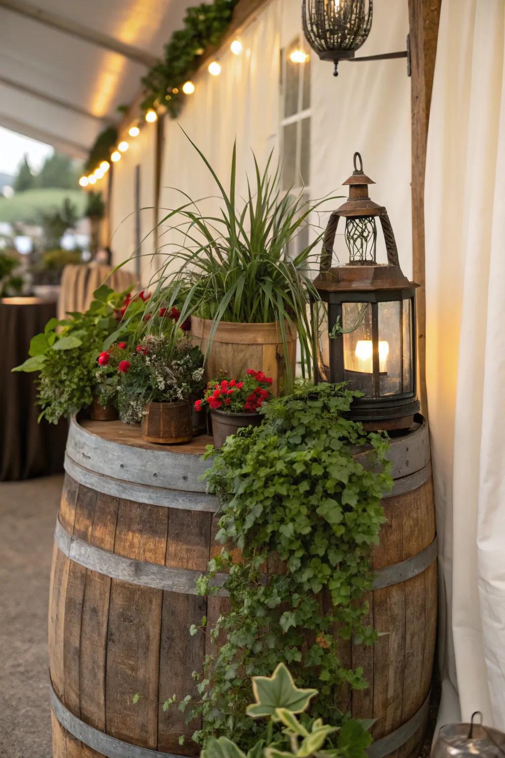 A vintage garden arrangement featuring a repurposed cask and antique lighting.