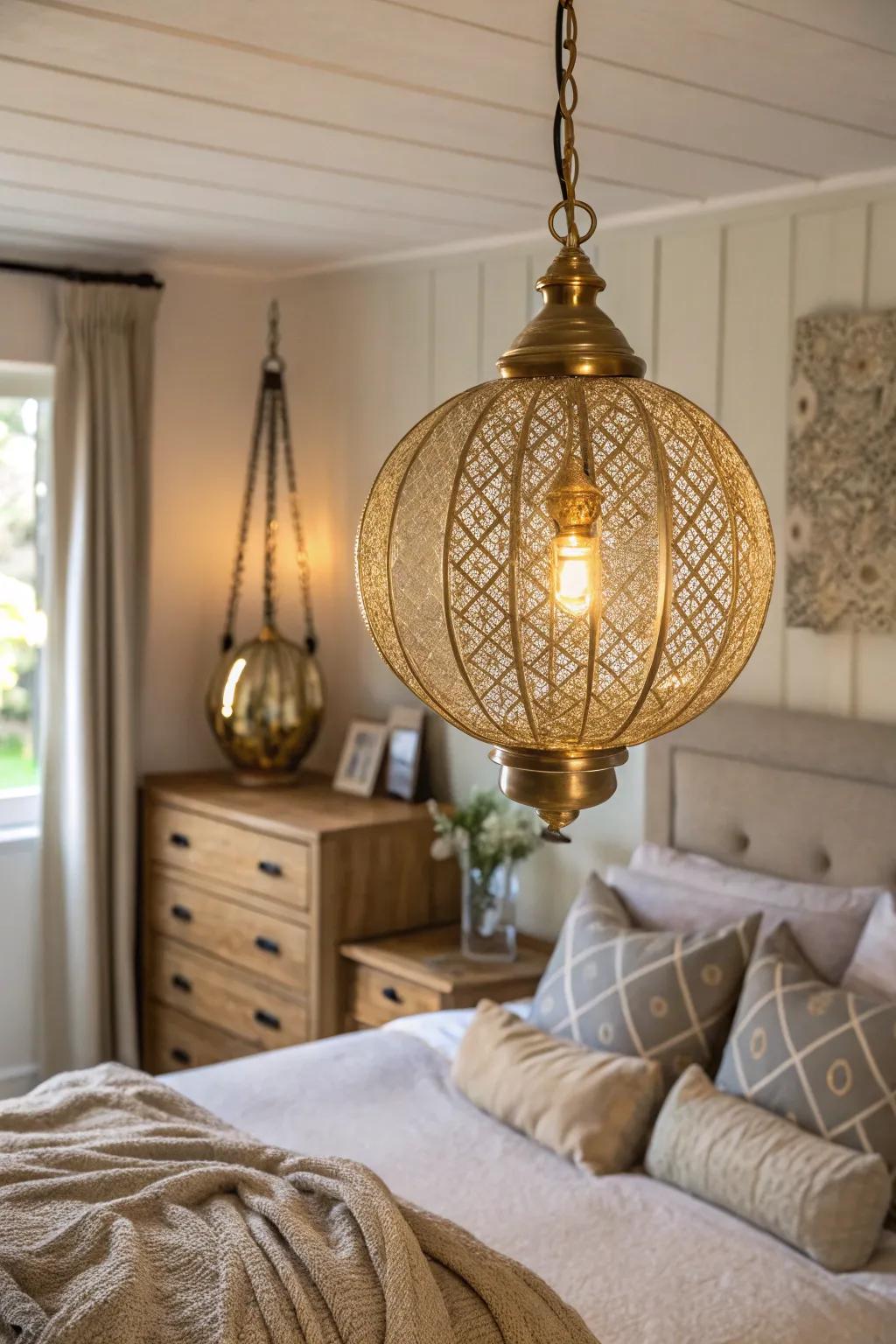 Statement gold lighting brings modern elegance.