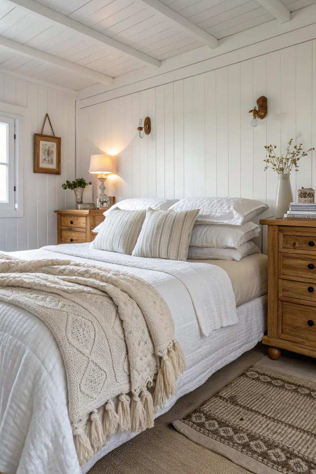 Layered bedding contributes luxury and comfort to a white bedroom.