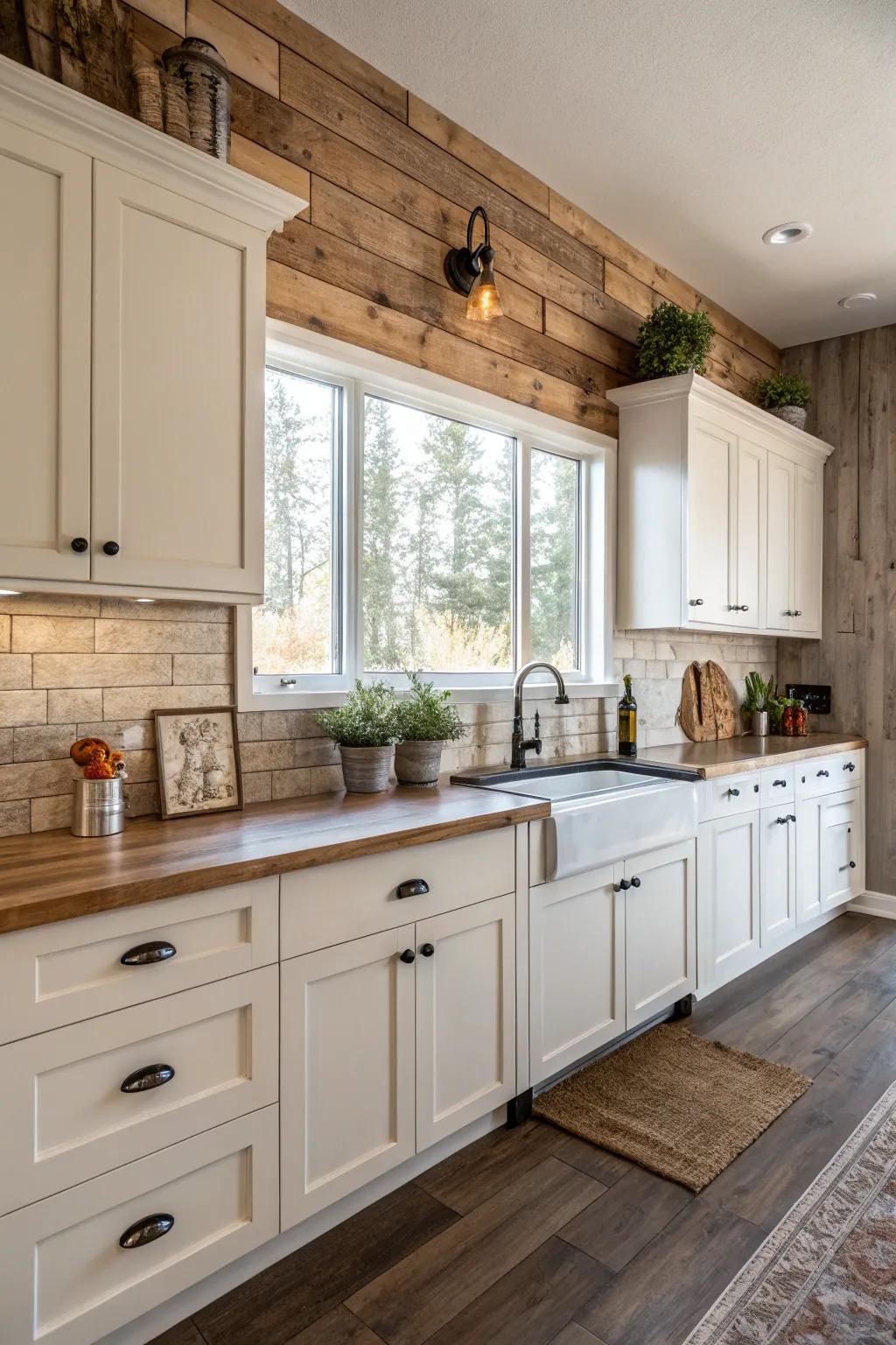 Timber-look tiles contributing an all-natural coziness to white cabinetry.