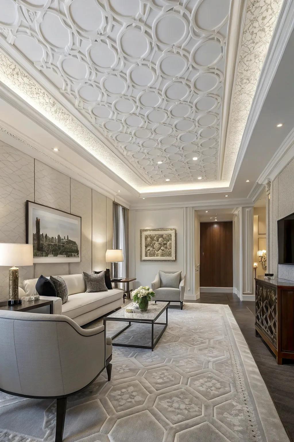 A room featuring a subtly patterned white ceiling, adding a touch of sophistication.