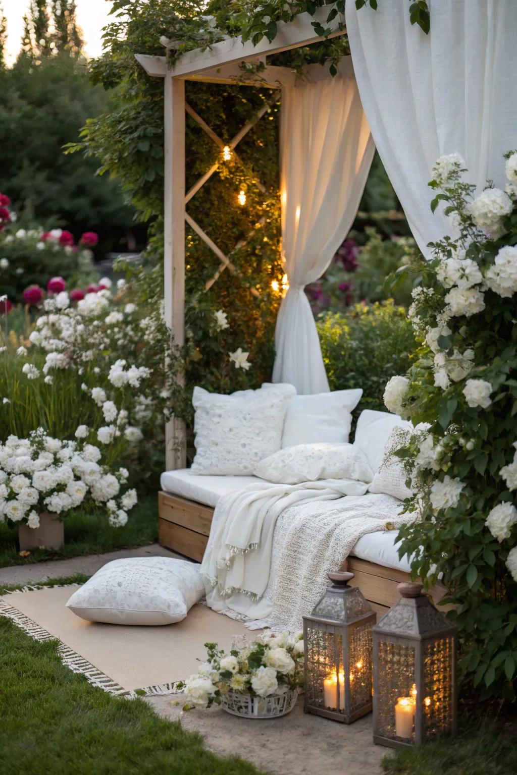 A serene garden nook with white decor inspires relaxation.