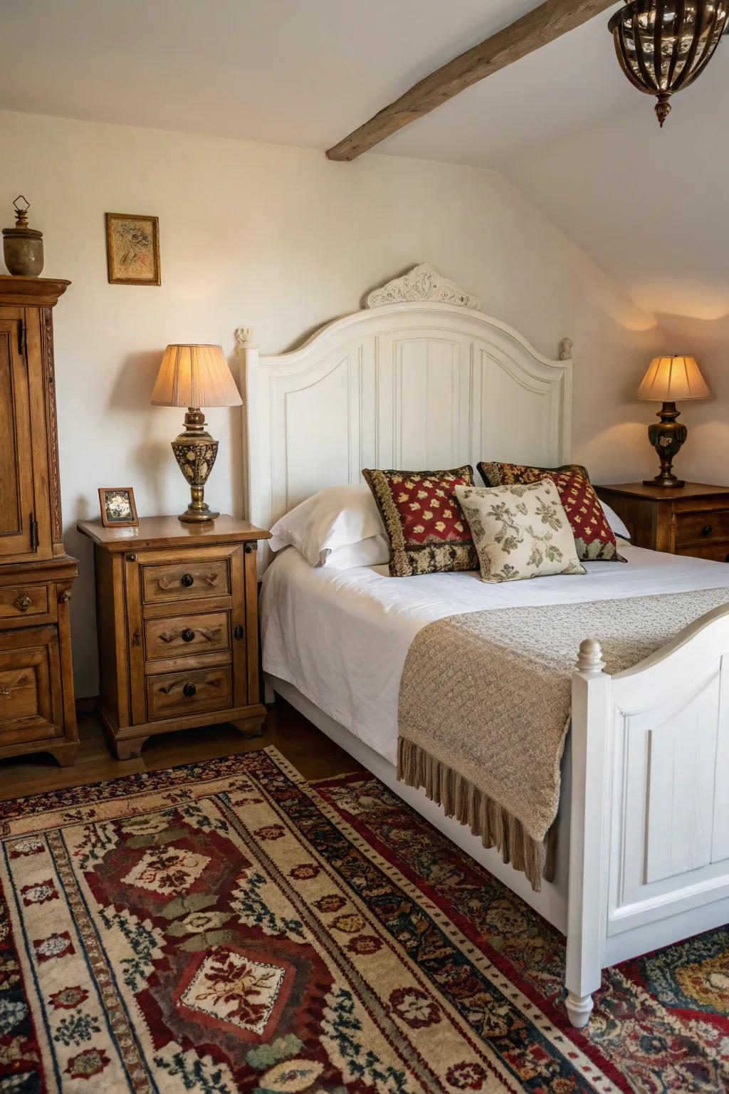 Vintage touches add appeal and character to the bedroom.