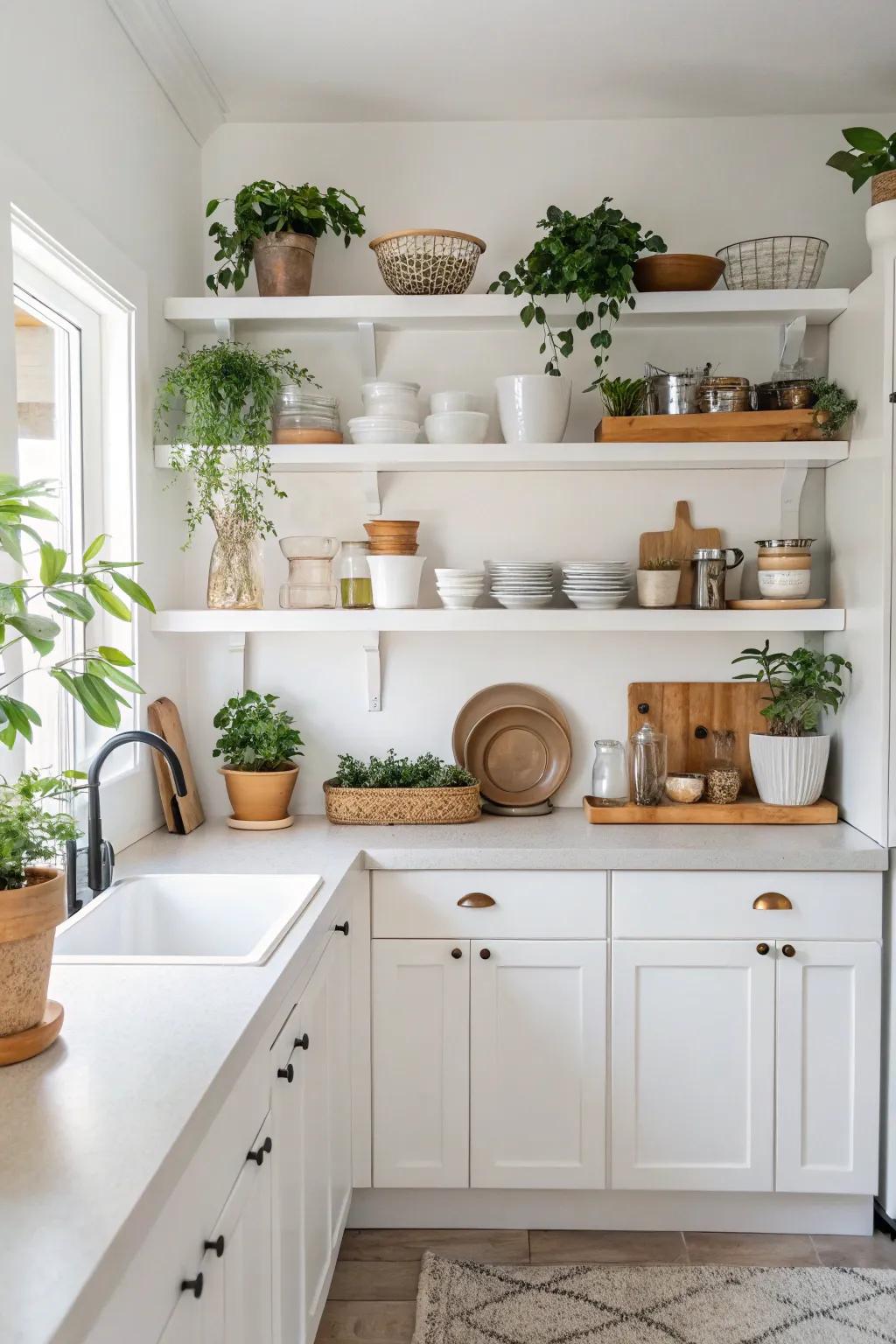 Exposed shelving adds a personal touch, showcasing kitchenware in the white kitchen.