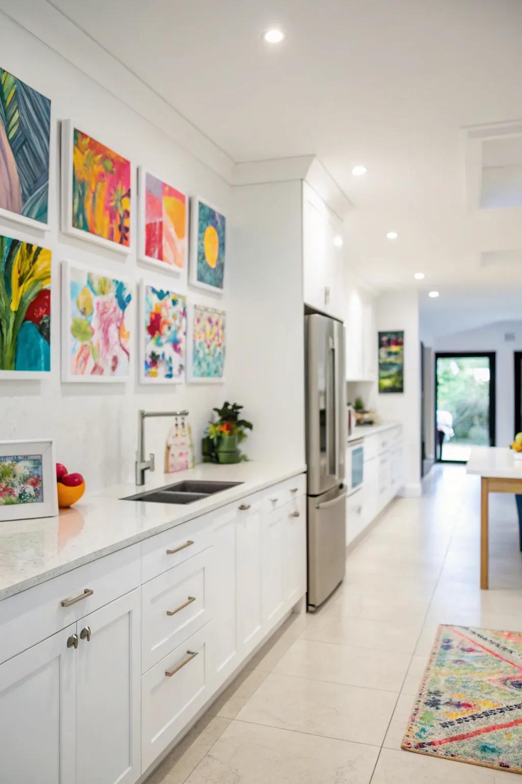 Colorful art pieces personalize the white kitchen space.