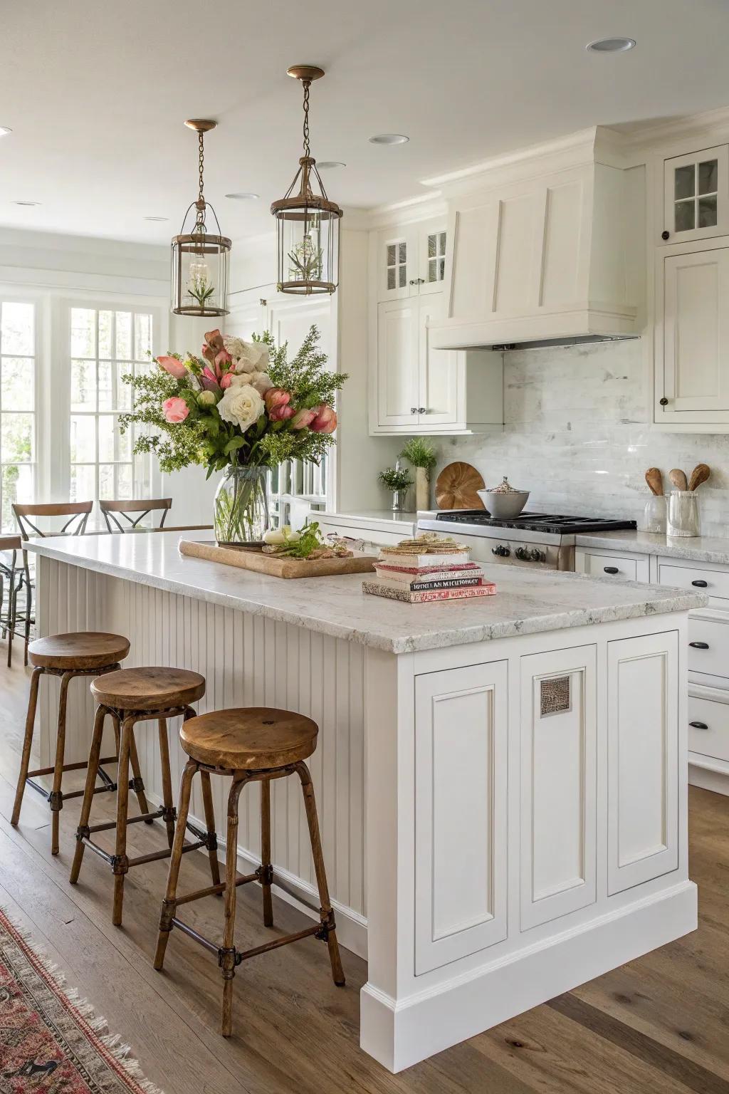 A central unit offers flair and functionality in the culinary space.