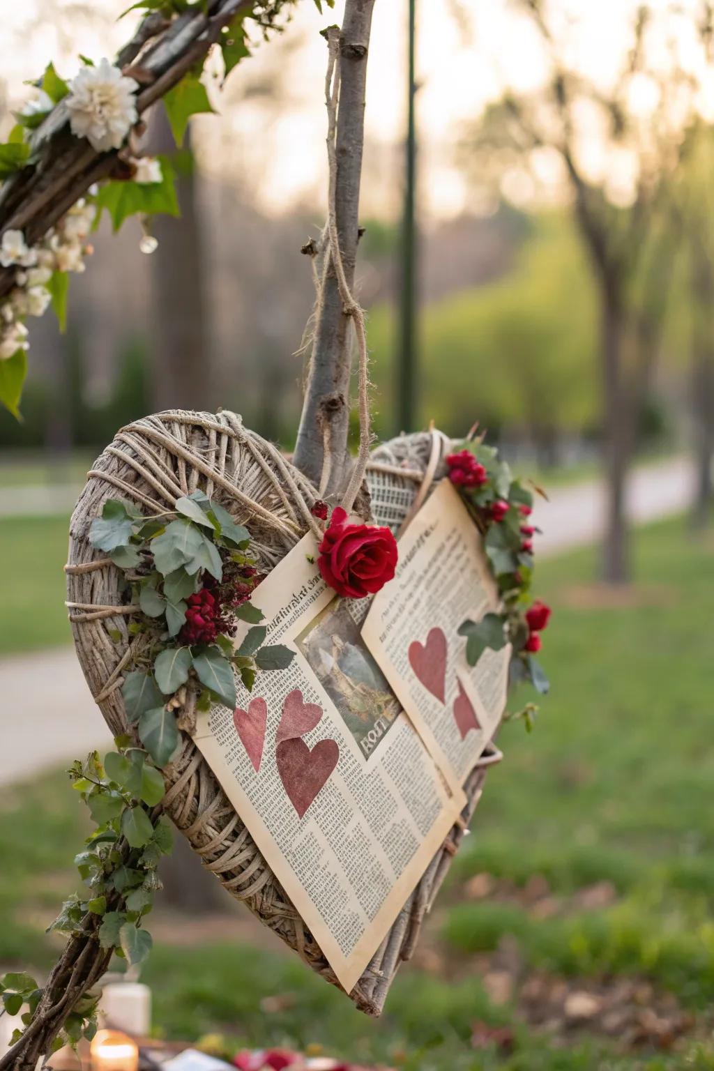 An eco-conscious Valentine's placard crafted from reclaimed materials.