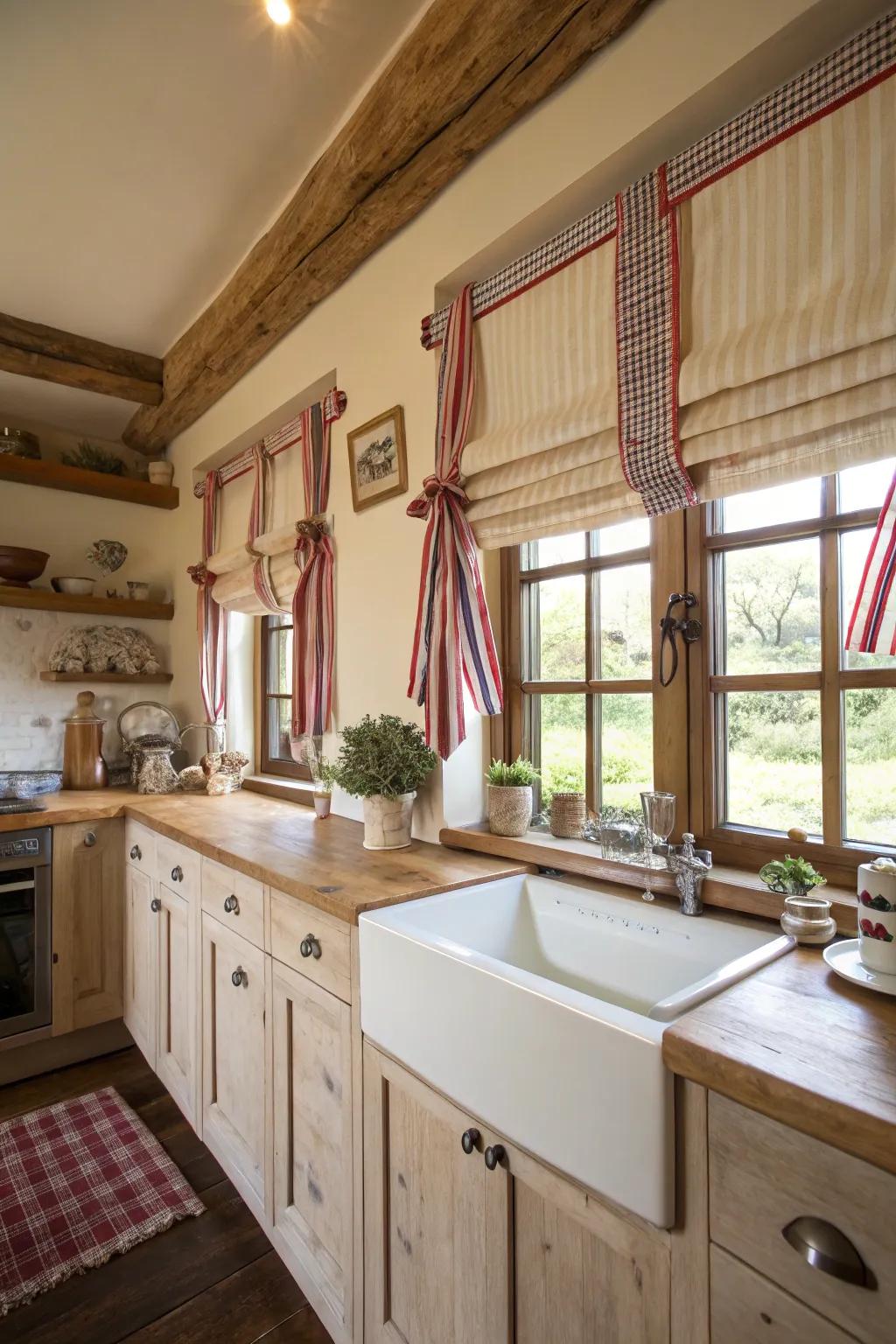 Scandinavian coverings adding mixed charm in a country-style cooking area.