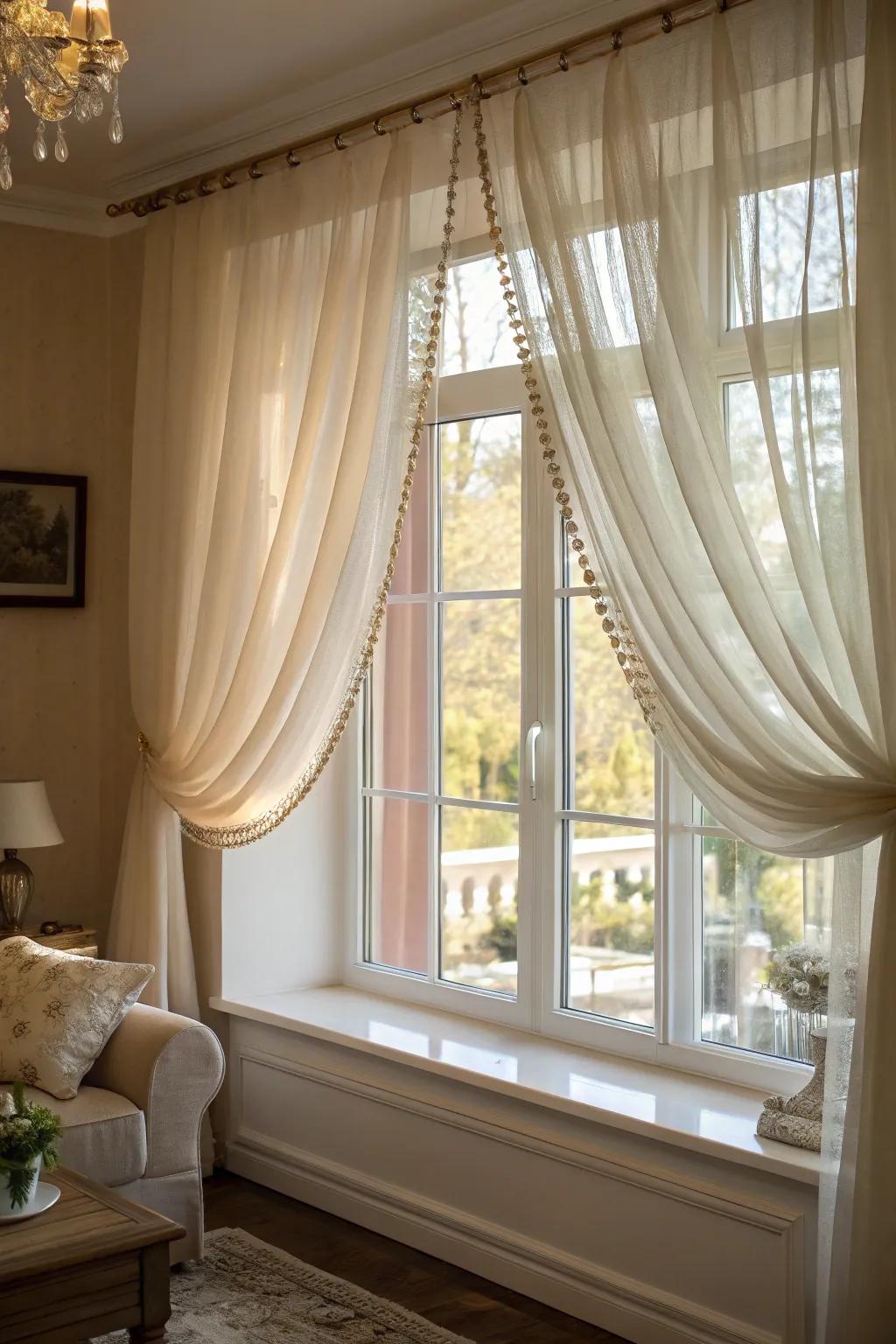Incorporate a romantic touch to your windows with gentle ethereal top treatments.