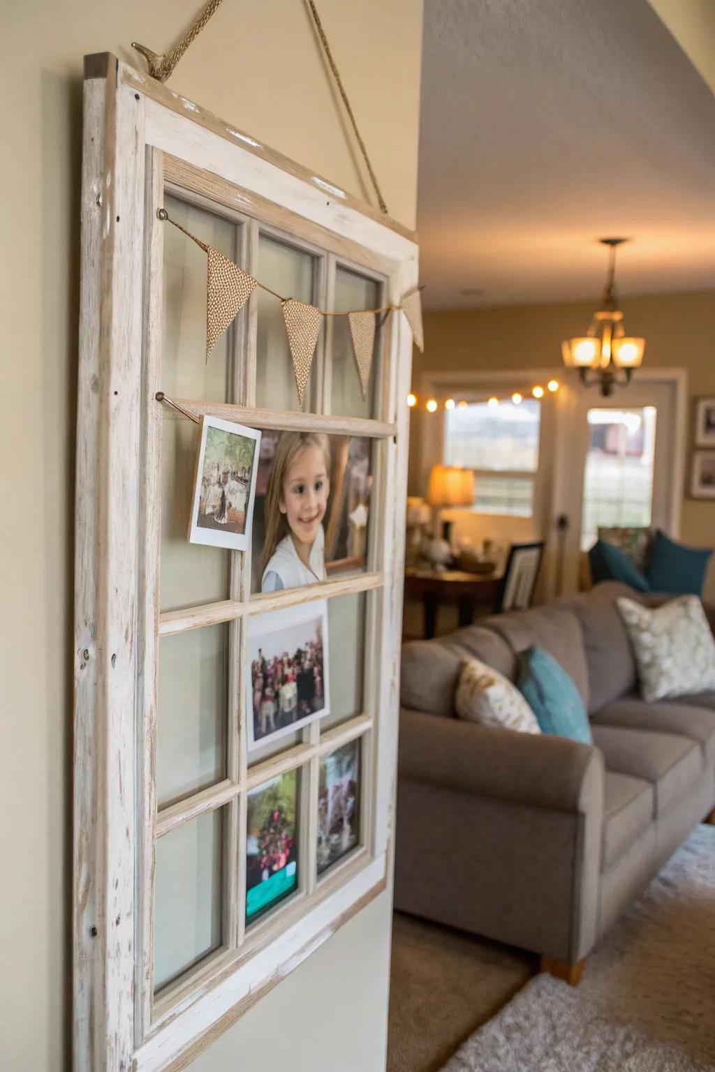 Window frames as picture frames create personalized decor.