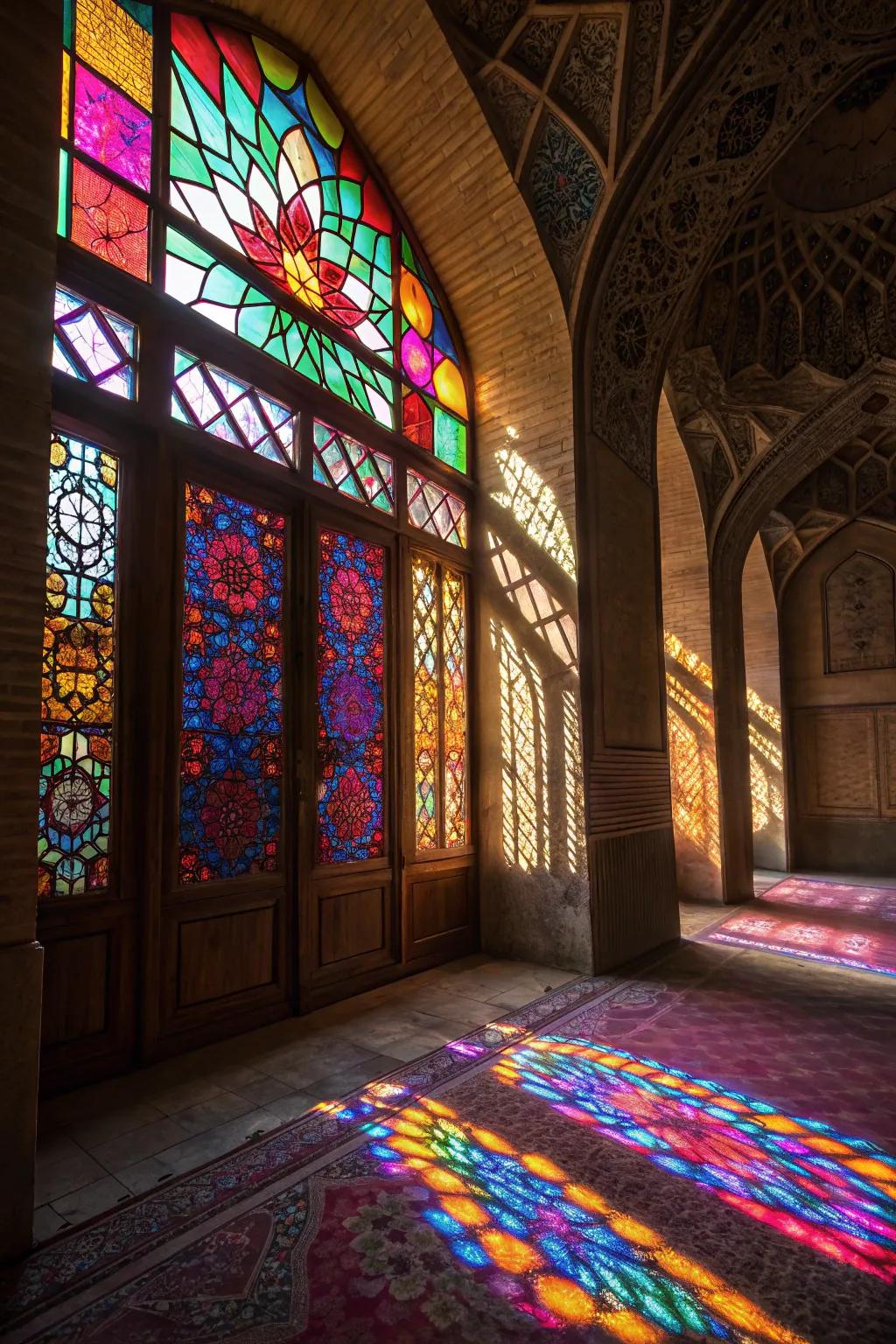 Stained glass windows create stunning light patterns.