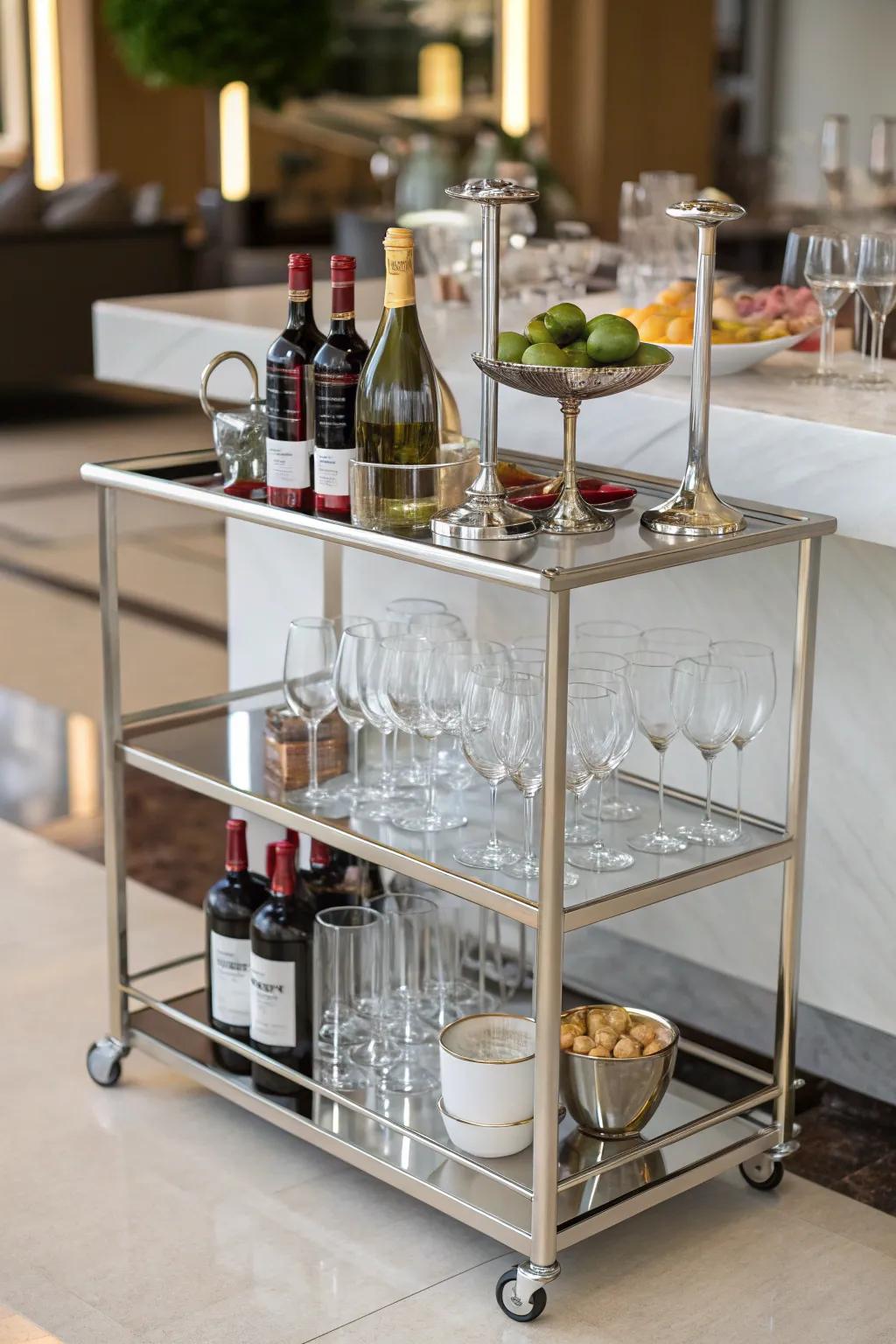 A stylish bar cart showcasing wine glasses.