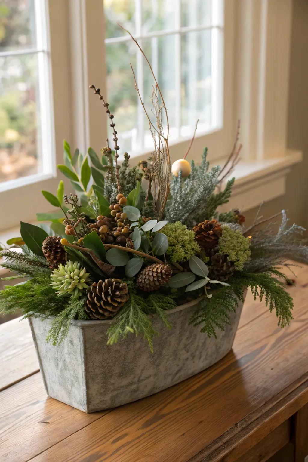 Dried elements provide texture and a vintage feel to winter planters.