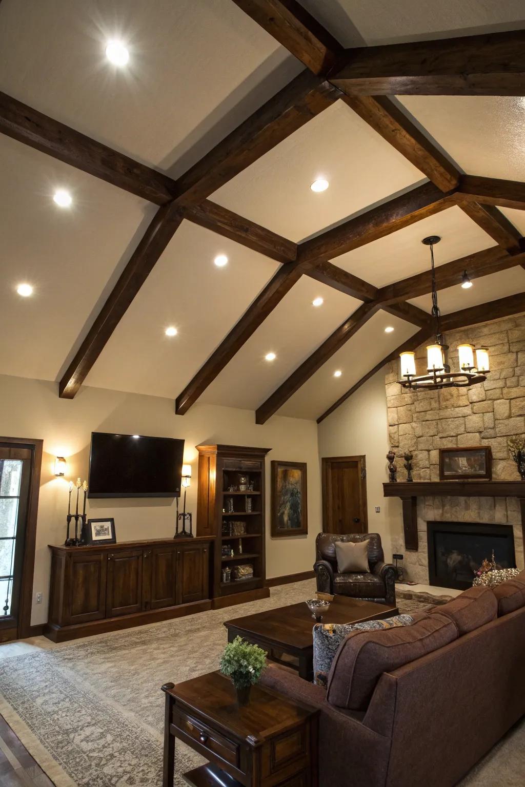 Spectacular family area featuring striking deep-toned wood beams.