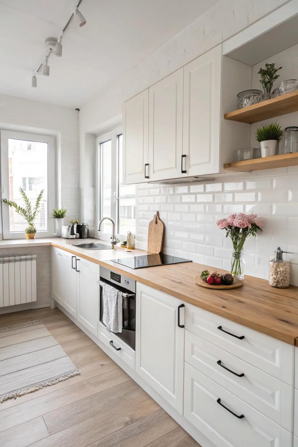 A minimalist timber countertop for a Scandinavian-inspired cooking area.