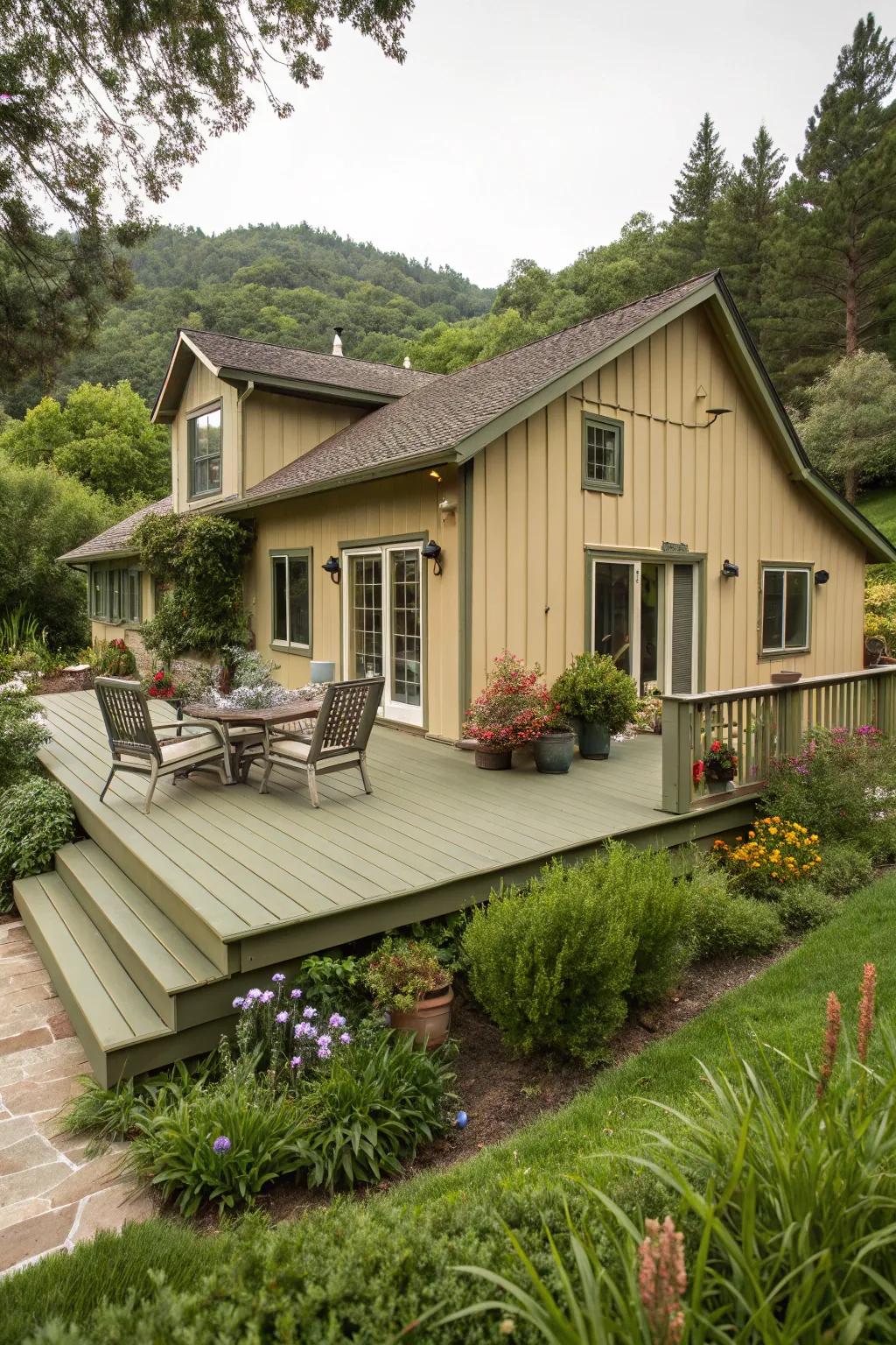 Field decking blends seamlessly with nature, complementing a tan house beautifully.