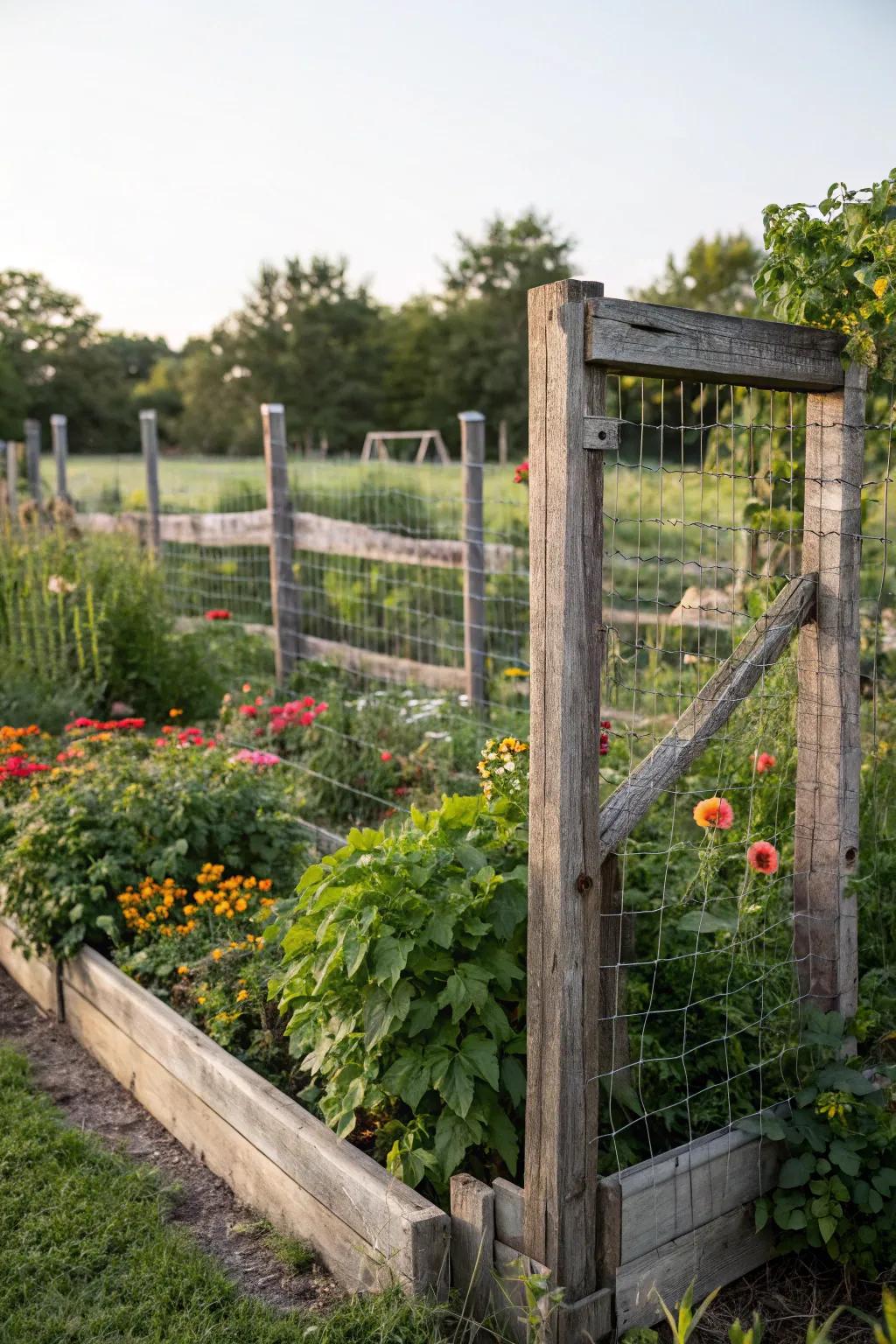 Wire mesh fences protect gardens while maintaining a rustic charm.