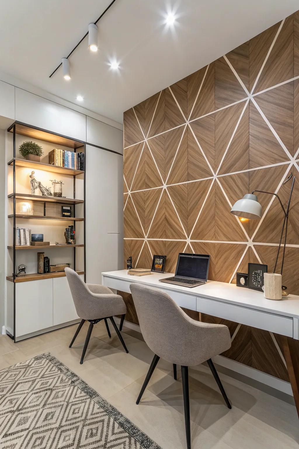 A contemporary study featuring a geometric wood design that adds an edgy touch.