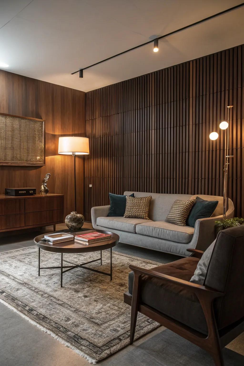 Establish a chic atmosphere with mid-20th century modern timber slats.