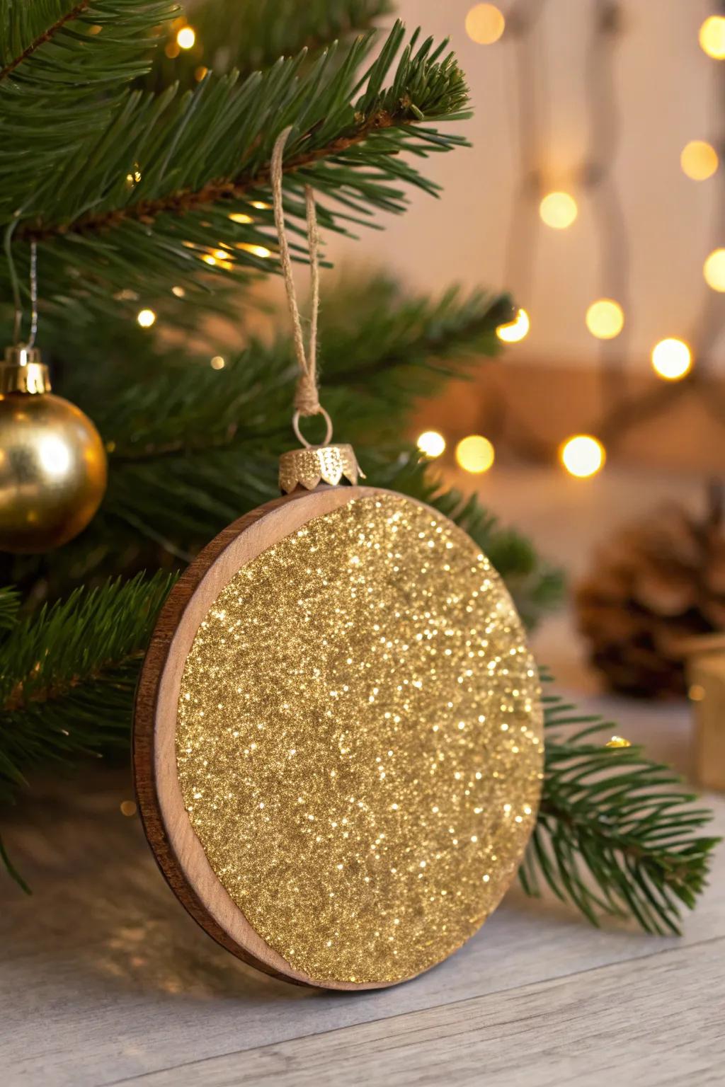Golden shimmer turns this wooden decoration into a festive gem.