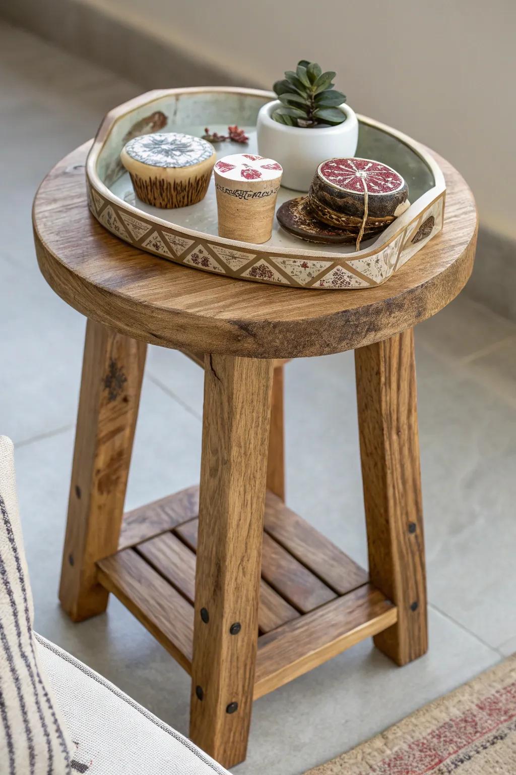 A useful side table crafted from an adaptable hardwood stool.