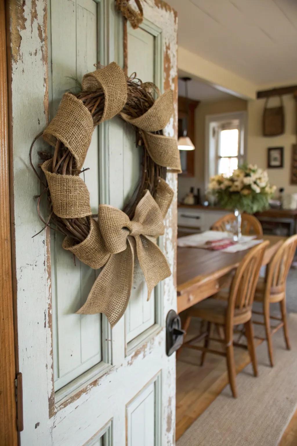 A wreath that welcomes through rustic warmth.