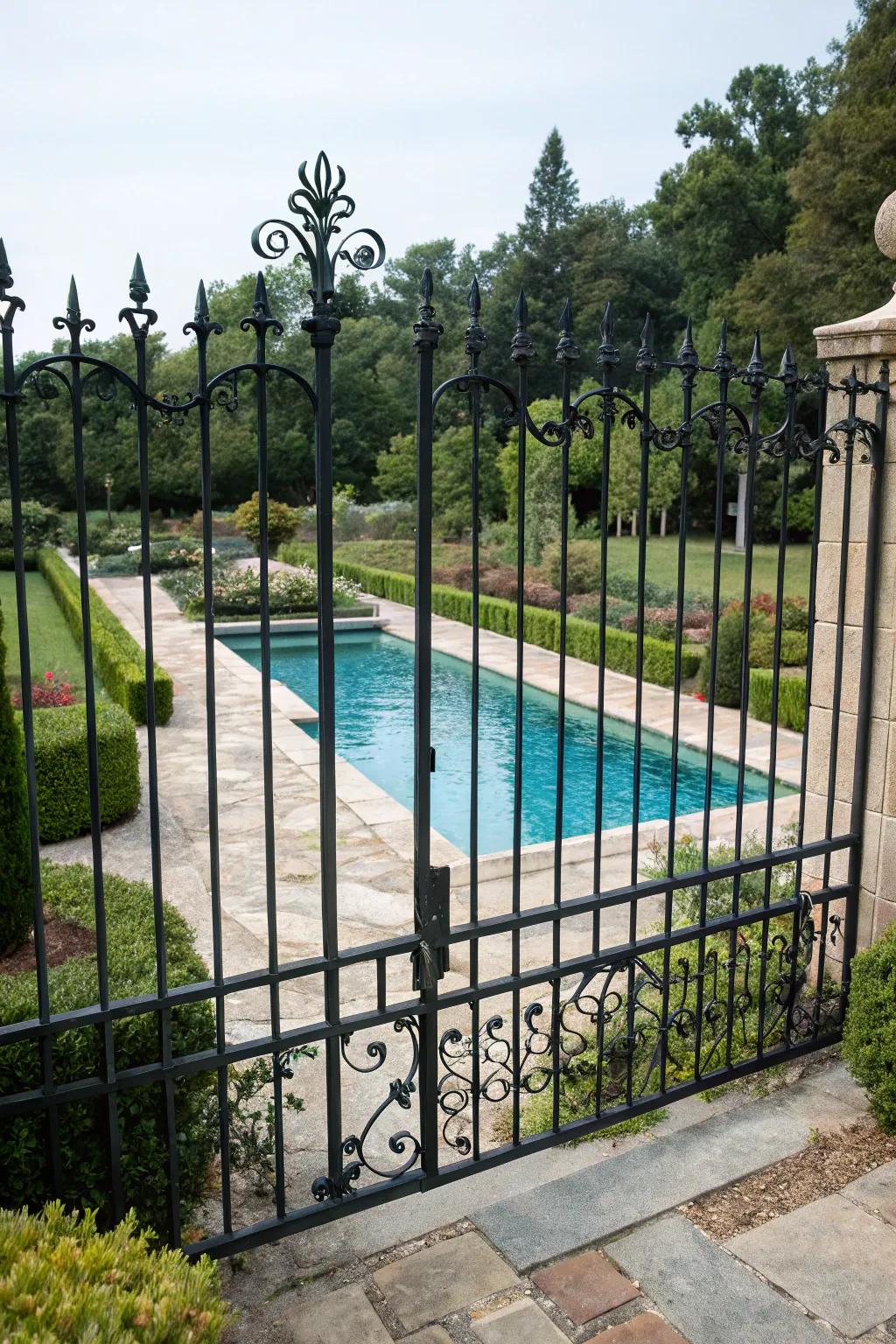 Wide spacing in the wrought iron fence maintains open views of the pool.