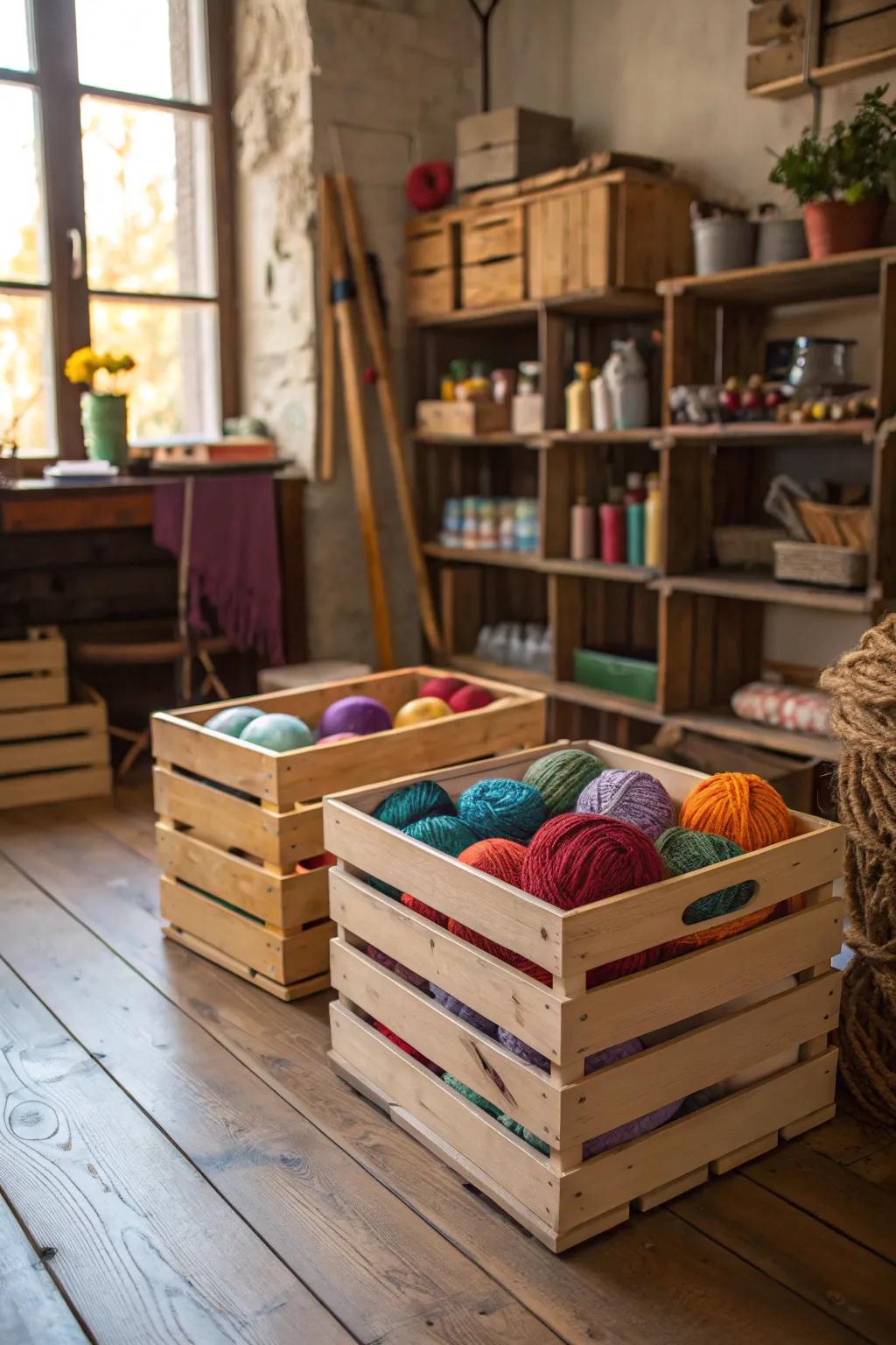 Piled timber boxes provide customizable and natural yarn storage.
