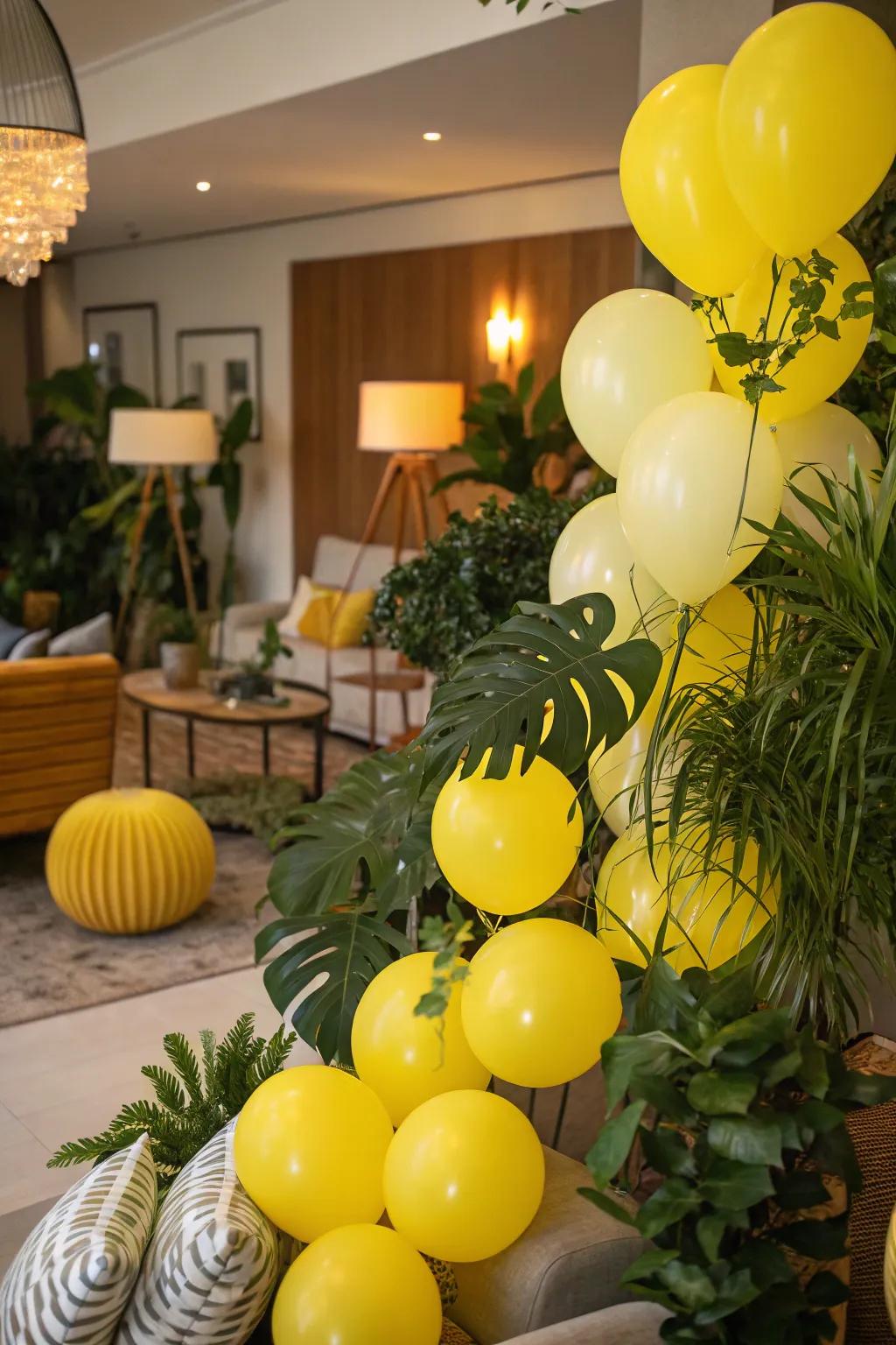 Bright golden spheres in lush greenery.