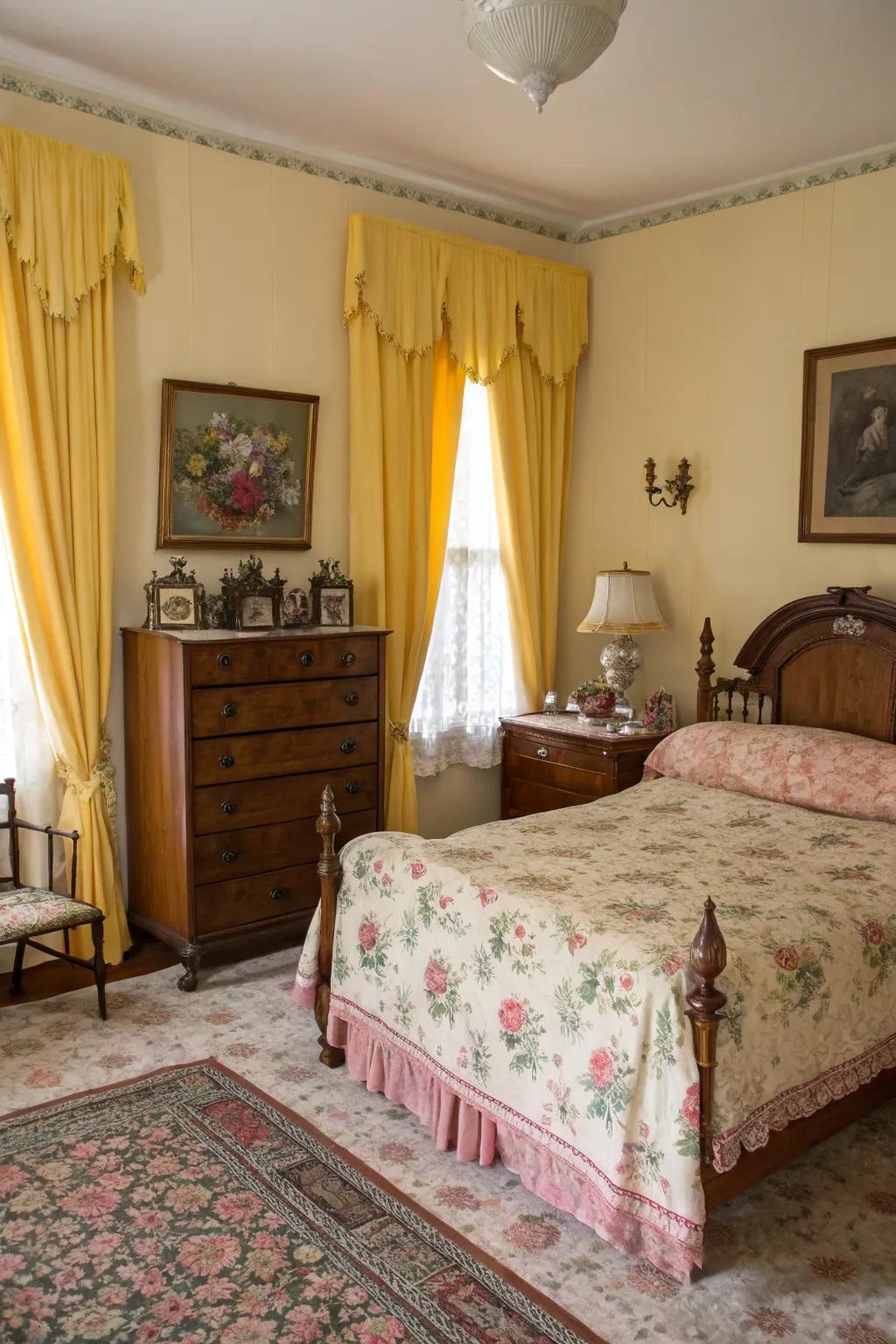 Window coverings in yellow paired with vintage décor bring timeless elegance to the bedroom.