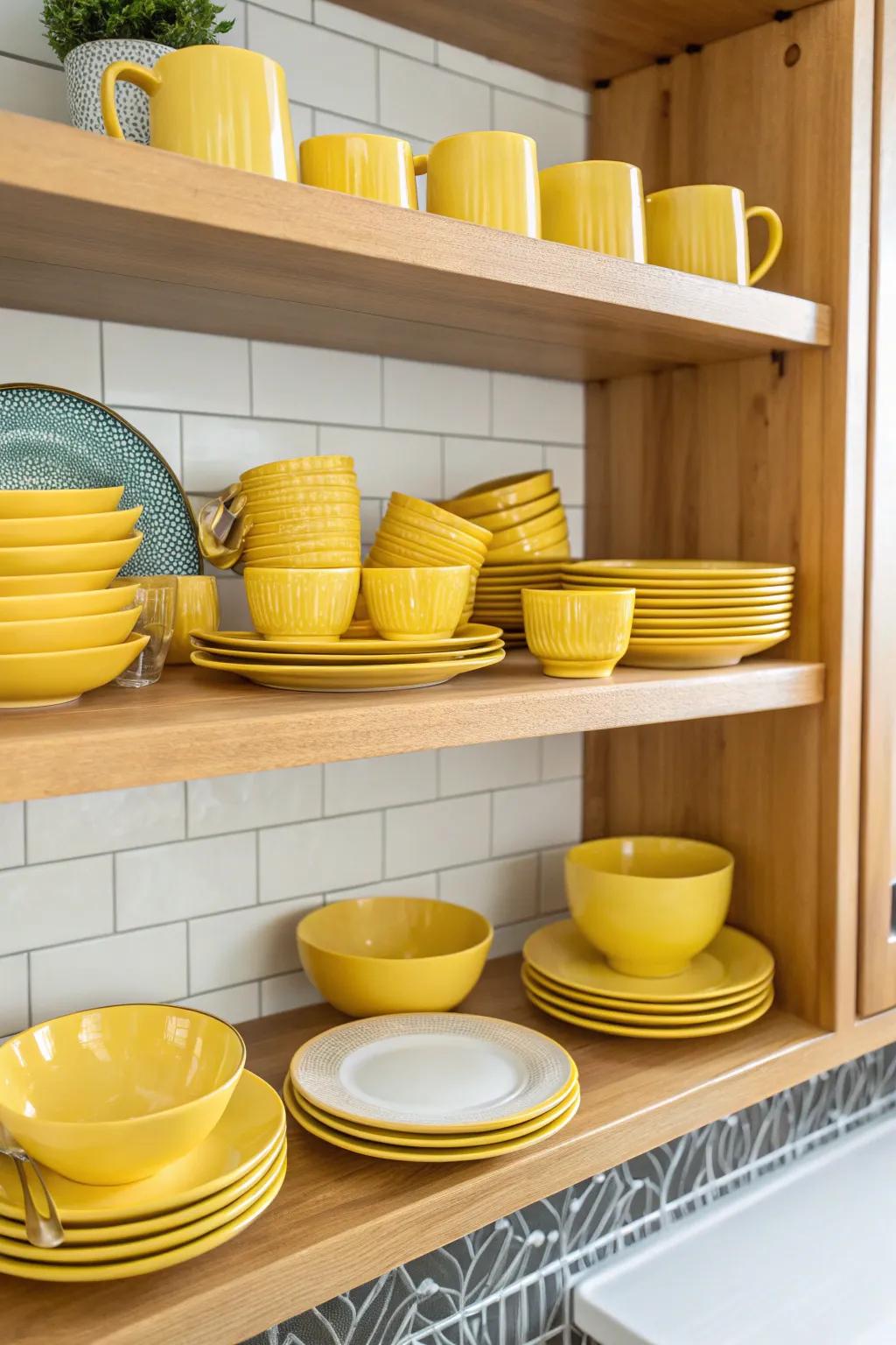 Yellow dishware on display brings color and charm to the kitchen.