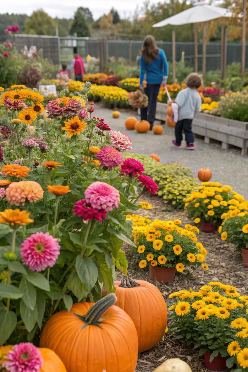 A playful children's outdoor space featuring zinnias, sunflowers, and pumpkins.