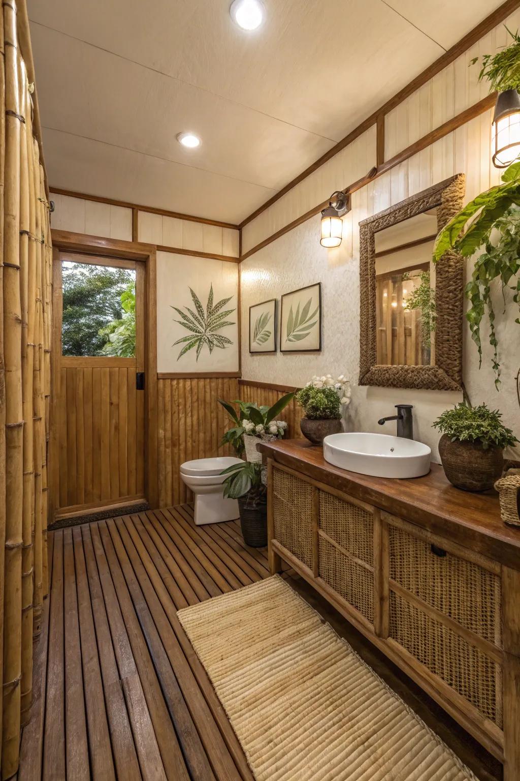 Bamboo elements provide warmth to this powder room.