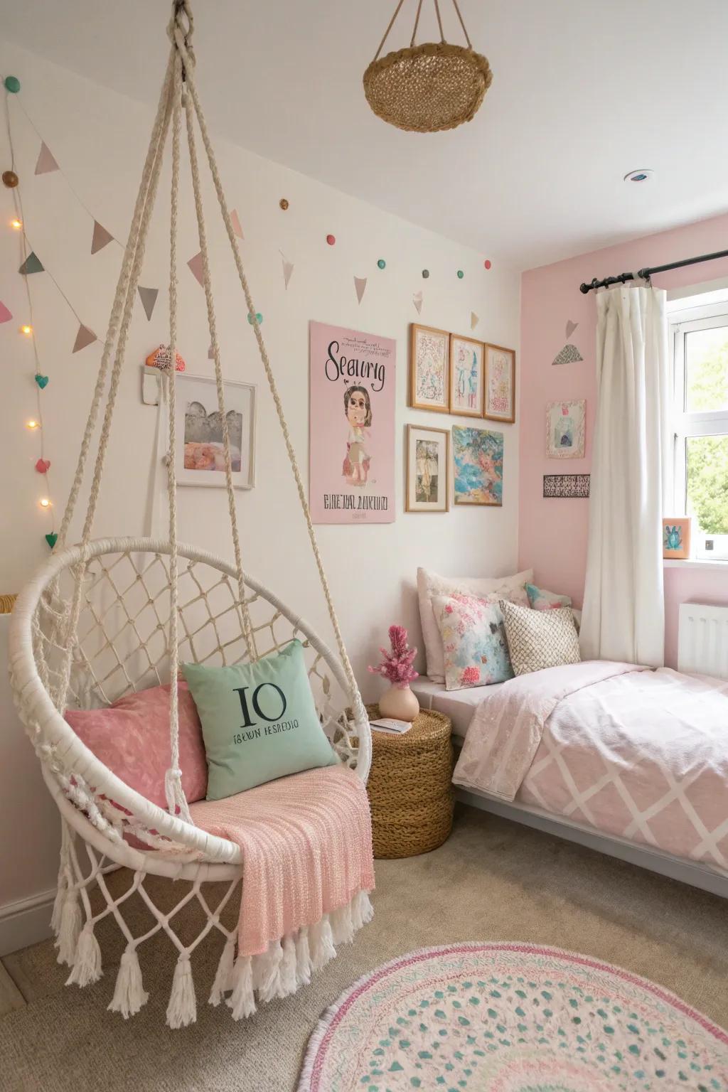 A swing chair adds fun and a whimsical touch to the bedroom.