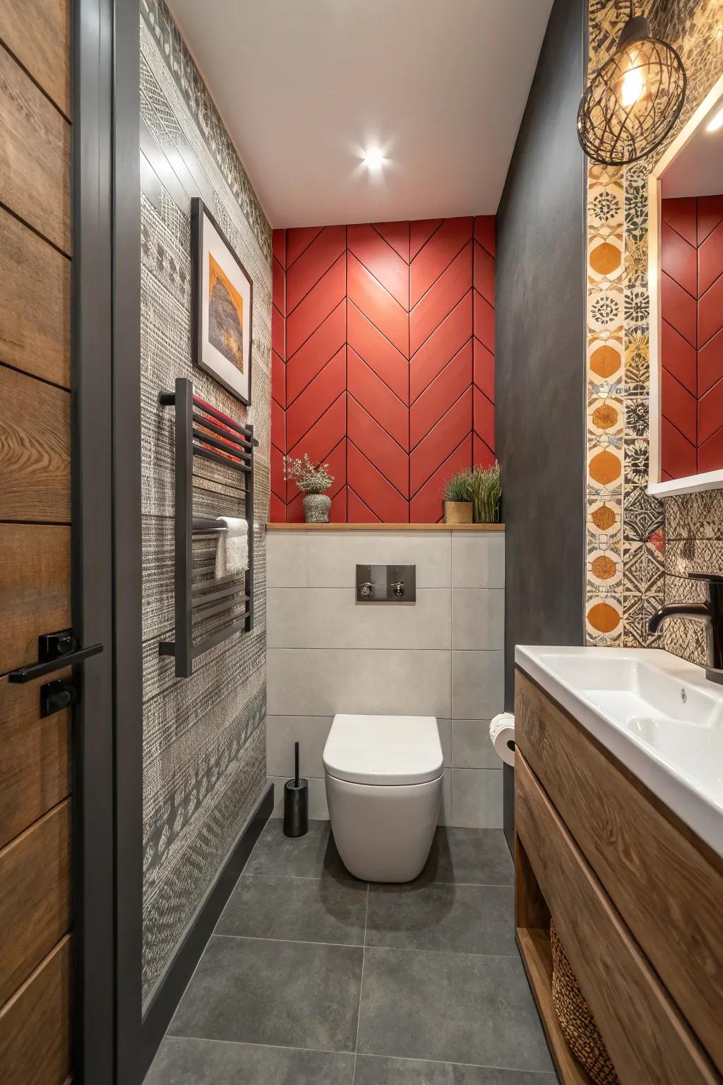 Bold highlight wall establishing a dramatic focal point in the bathroom.