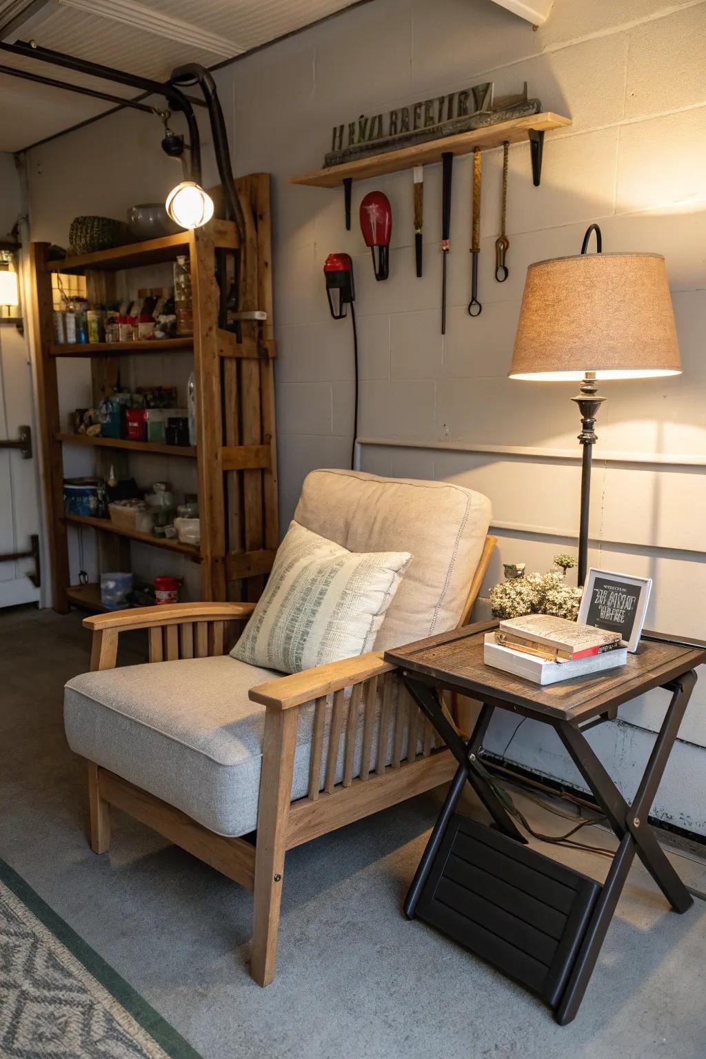 A relaxation corner gives your garage a personal, cozy touch.