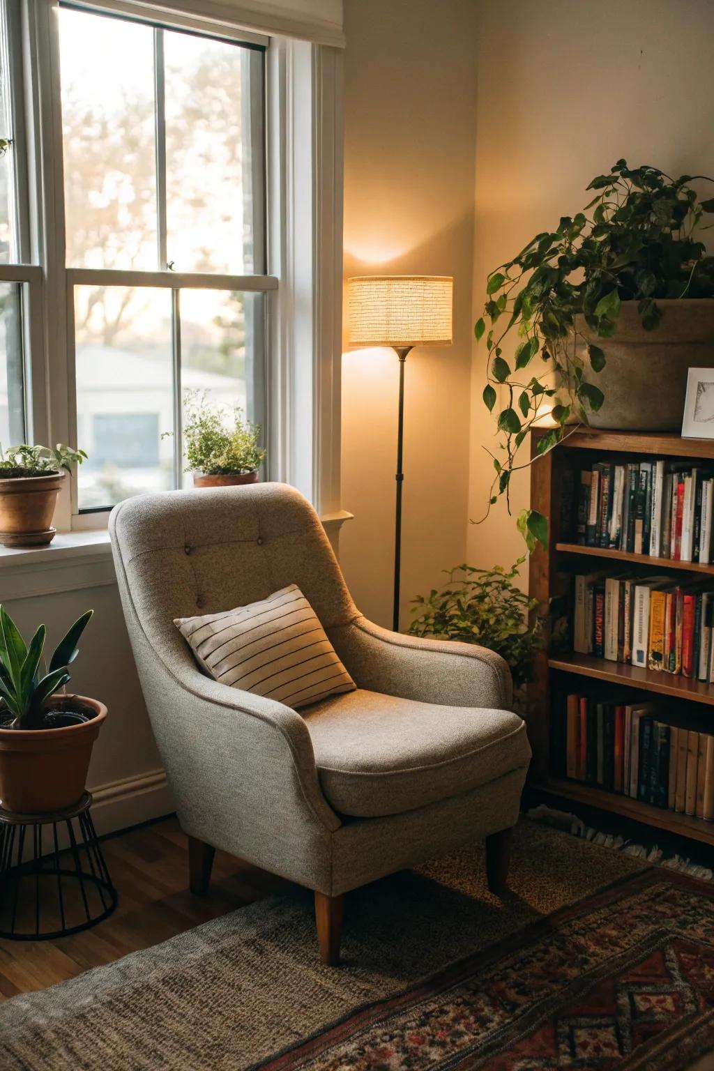 A reading corner serves as a personal retreat for relaxation.
