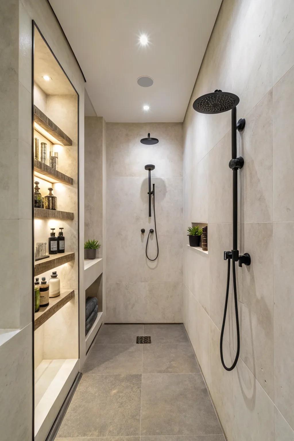 Wall-mounted faucets bring style to small showers.