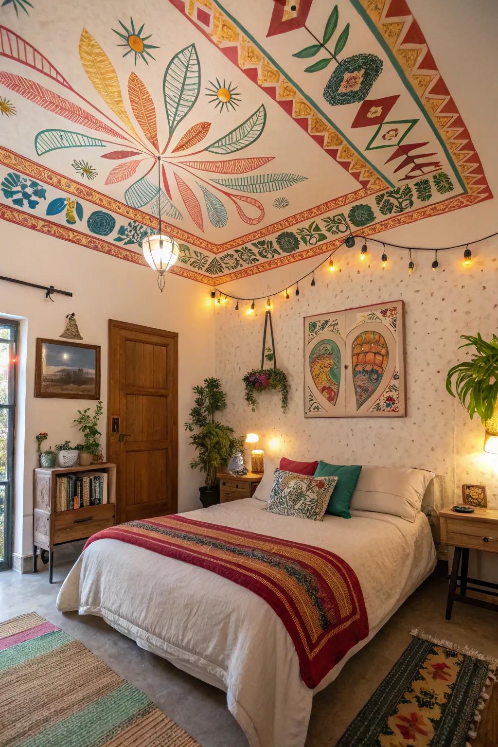 Vibrant ceiling embellishments add unexpected intrigue and depth to the space.